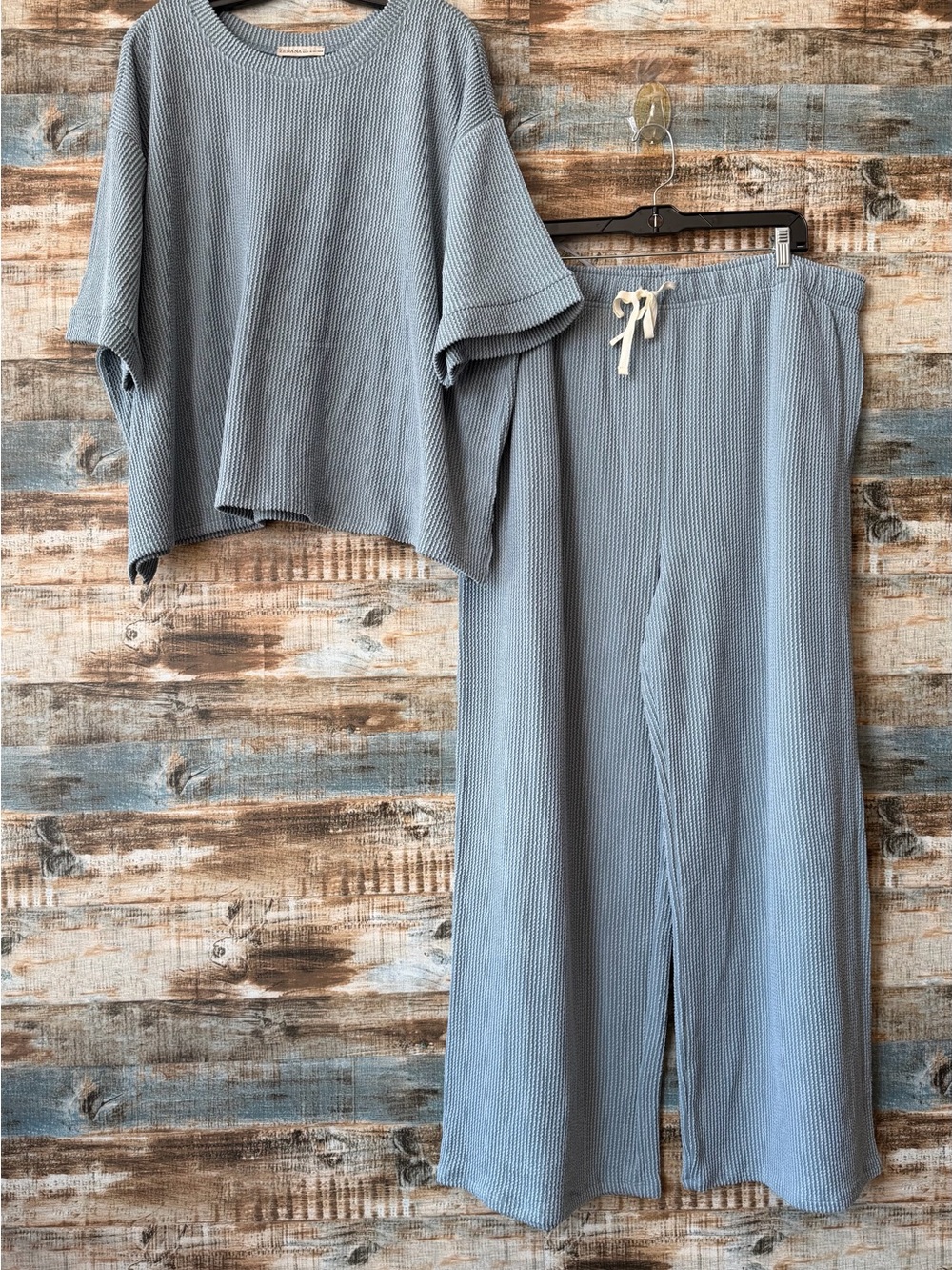Zenana Ribbed Pants Set in Grey Blue
